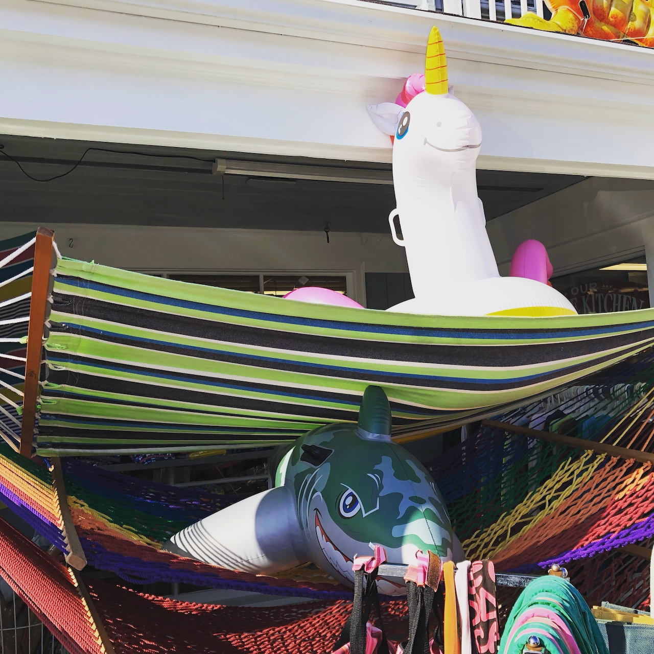 Colorful hammocks with unicorn and shark pool floats