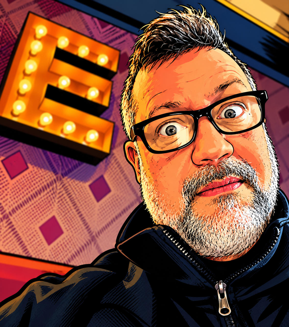 Comic-style portrait of Robert beside a marquee letter E